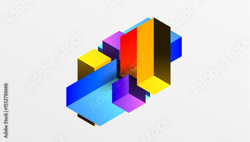 Abstract geometric shapes intersect, creating vibrant colorful isometric design. Bright hues dominate neutral background.