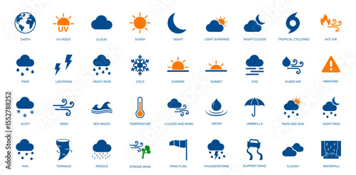 Weather icon. Weather forecast, climate, meteorology, temperature, storm, rain, snow, thunderstorm, sunny, cloudy. Solid vector icons collection.