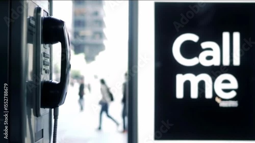 A payphone handset dangles beside a poster that says “Call me.”