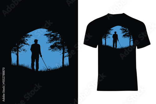 Silhouette artwork featuring a person with a walking cane among trees, under a vibrant blue sky. Perfect for nature and solitude themes in creative or design projects.