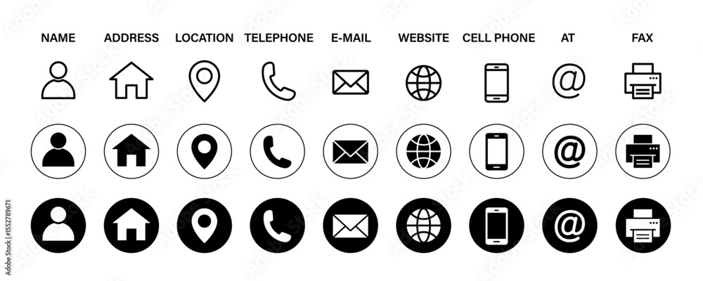 Contact information icon for business card. Containing name, address, map pin, globe, e-mail, location, website, fax, phone call at symbol. Silhouette and outline circle style. Vector illustration.