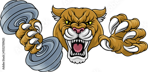 Cougar, panther, mountain lion or puma wildcat cat weight lifting dumbbell gym sports mascot