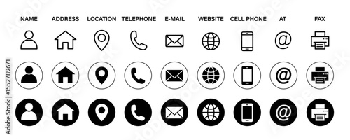 Contact information icon for business card. Containing name, address, map pin, globe, e-mail, location, website, fax, phone call at symbol. Silhouette and outline circle style. Vector illustration.	