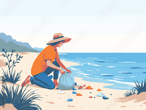 woman on the beach cleaning plastic pollution protecting environment