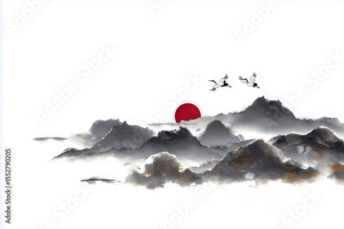 Tranquil Korean Ink Wash Landscape with Red Sun and Faint Mountains