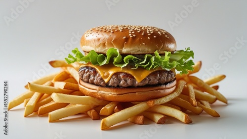 Close up of tasty burger isolated on white background. french fries and the burger with meat, cooking a burger at home. junk fast food.