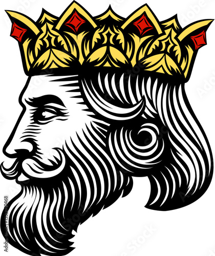 A king wearing a medieval crown, mascot head or face. Original illustration in a vintage woodcut style.