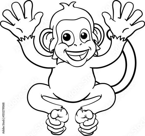 A monkey cute happy cartoon character animal waving with both hands
