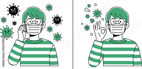 Preventing Germs: Masked Person Avoiding Virus Particles, Illustration Style.