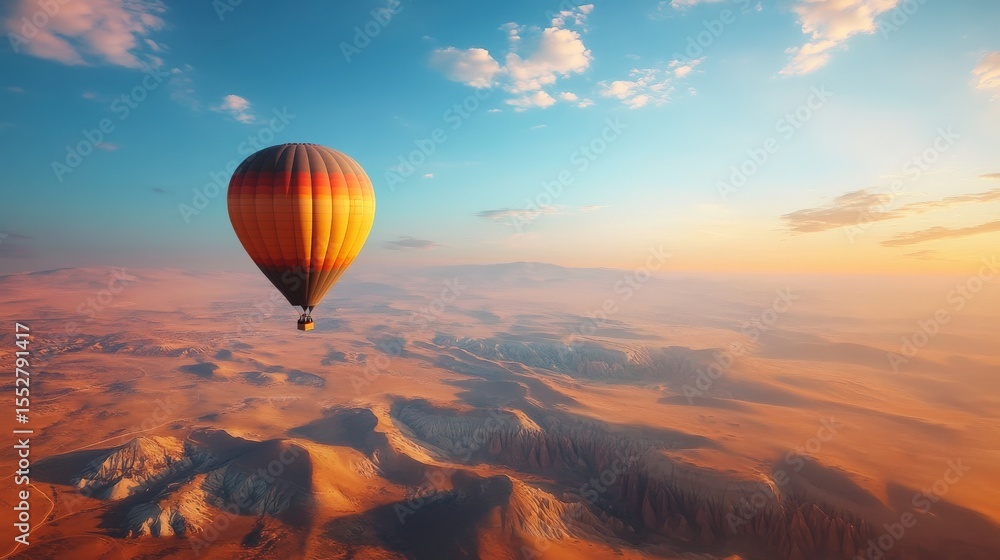 Fototapeta premium A colorful hot air balloon floats over a beautiful desert landscape