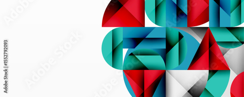 Abstract geometric shapes, red, blue, teal colors. Modern design, clean lines, minimalist aesthetic. Composition focuses right side.