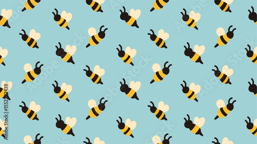 Vector naive pattern with cute bees on a blue background. Cheerful texture with hand drawn flying insects