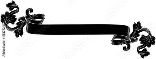 A scroll with filigree medieval crest coat of arms heraldic style pattern motif. In a vintage woodcut etching style.