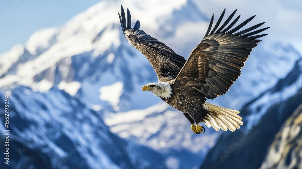 Fototapeta premium A Powerful Bald Eagle Soars Over Snowy Mountain Peaks Above