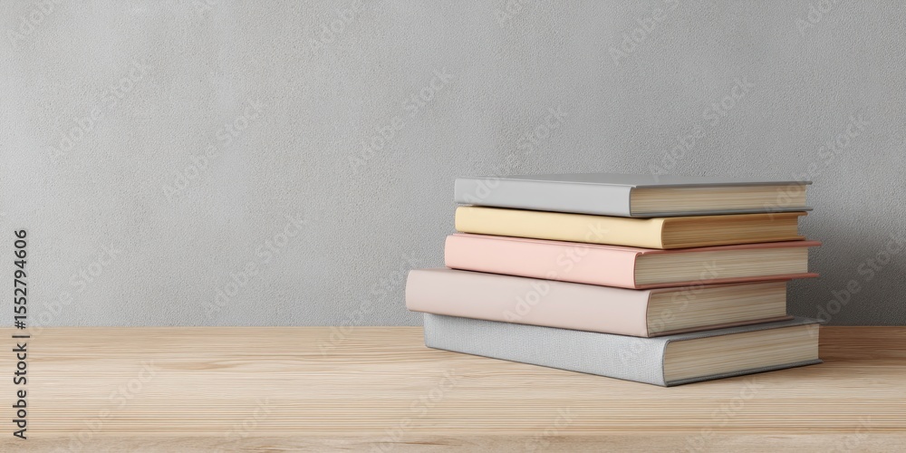 Stack of four pastel-colored books rests on light wood surface against a gray wall Stack of four pastel-colored books rests on light wood surface against a gray wall