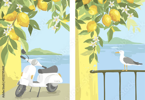 Mediterranean Journey. Backgrounds with embankment of the resort town. Hand drawn vector illustration in watercolor style, poster or postcard with citrus and seascape.	