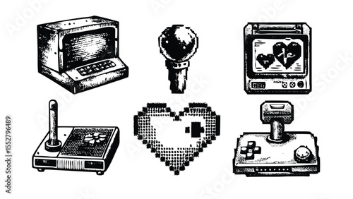 Retro Gaming Icon Pack in Stipple Ink Style. Black and White Vector Collection of Vintage Video Game Items. 8-bit Era Technical Illustration Set