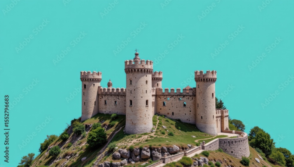 Medieval Castle Fortress on a Hill Against a Clear Blue Sky in Scenic Landscape Medieval Castle Fortress on a Hill Against a Clear Blue Sky in Scenic Landscape
