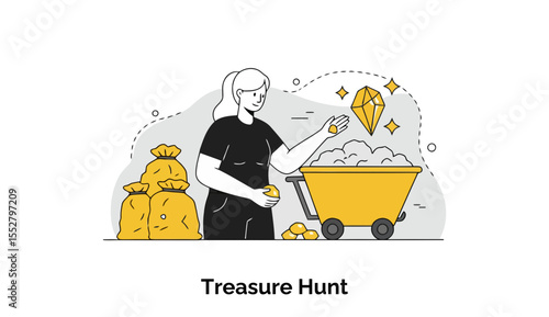 Female adventurer in casual clothing sifting through treasure, uncovering jewels in a mine cart. Young woman treasure hunter in a casual setting. A graphic illustration.