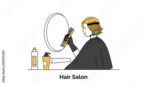 A female hair stylist with blond hair, wearing a black hairdressing cape and black gloves, combs a client's hair in a hair salon with a round mirror and hair care products on a shelf.