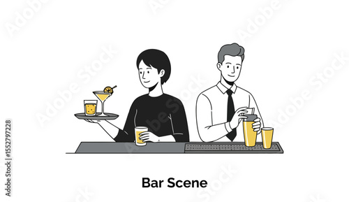 A skilled bartender with a friendly demeanor is expertly pouring a craft beer from a tap behind a polished wooden bar counter, surrounded by various bottles and glassware.