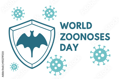 World Zoonoses Day bat shield and virus icons vector