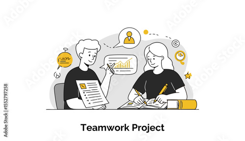 Young adults collaborating on a teamwork project in a modern office setting. Two individuals engaged in discussion and note-taking at a desk.