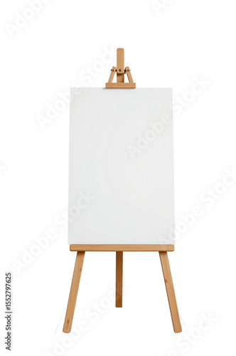 Blank white canvas on wooden easel with transparent background