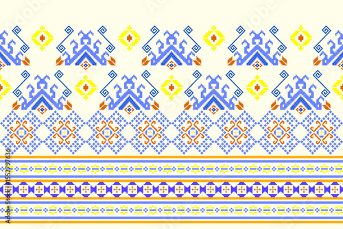 Ikat cross stitch geometric embroidery seamless knitted pattern on damask background. Perfect decorative design for sweater, fabric, decoration, illustration, ornament, texture, textile, interior