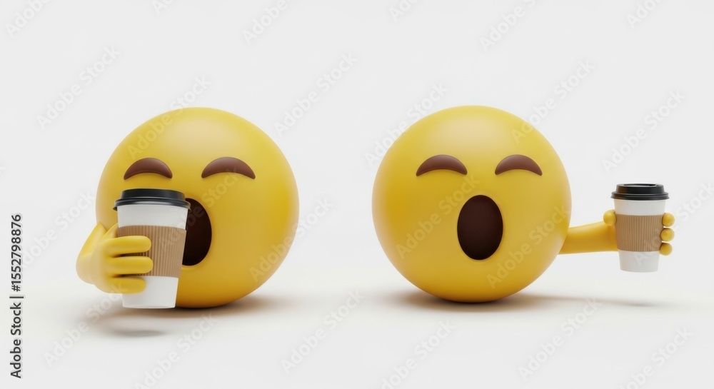Fototapeta premium Two sleepy yellow emoji characters yawning and holding coffee cups on a white background