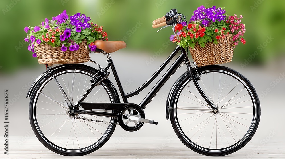 Fototapeta premium Black Bicycle with Purple and Red Flowers in Wicker Baskets