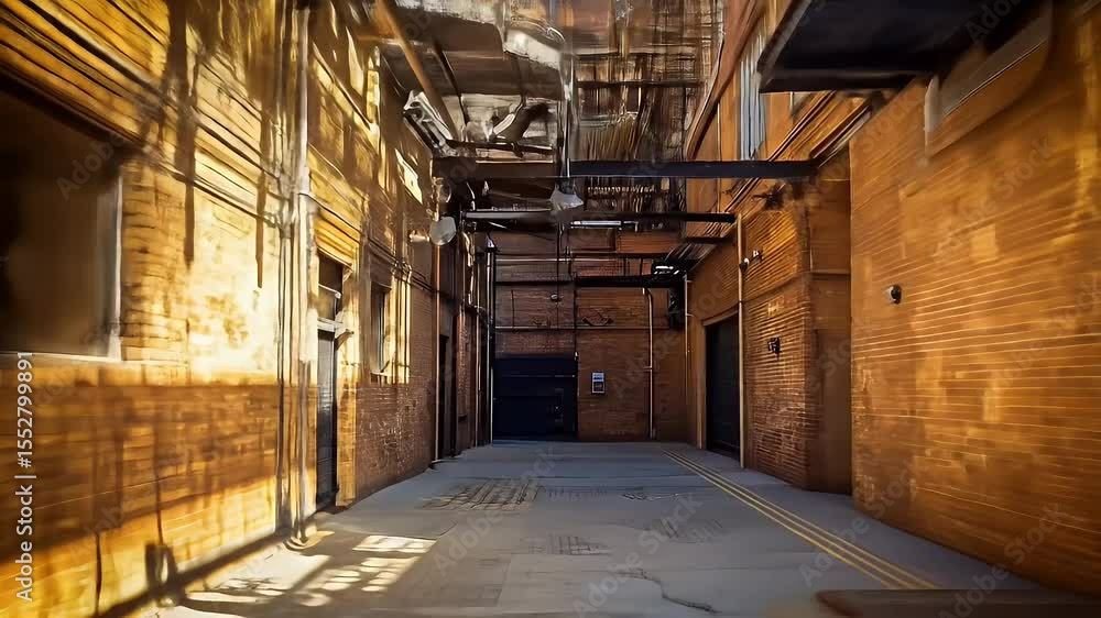 Urban Alleyway Featuring Brick Walls Sunlight Shadows with a Dark Industrial Atmosphere on a Narrow Empty Passageway in the City Urban Alleyway Featuring Brick Walls Sunlight Shadows with a Dark Industrial Atmosphere on a Narrow Empty Passageway in the City
