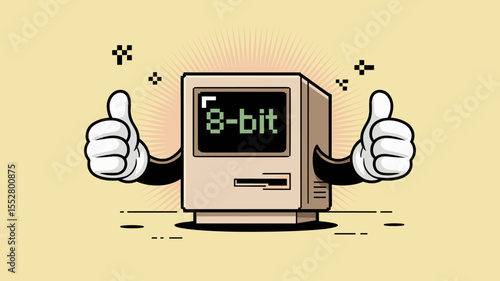 Cartoon computer character gives two thumbs up. Positive feedback, vintage technology, 8-bit nostalgia, digital art, retro style.
