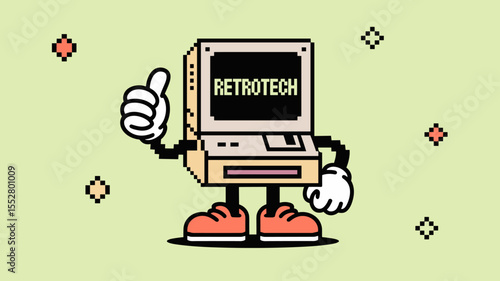 Cartoon computer character gives a thumbs up. Retro technology, nostalgia, vintage, 8-bit, video game graphics, pixel art style
