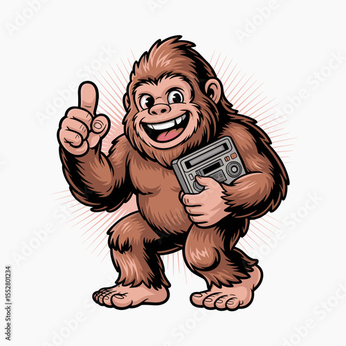 Cartoon bigfoot holds a cassette player while pointing upwards. Cryptid, creature, fun, humor, radio.