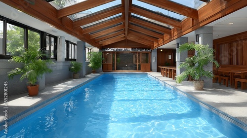 Wallpaper Mural Bright Indoor Pool with Wooden Beams and Glass Roof Torontodigital.ca