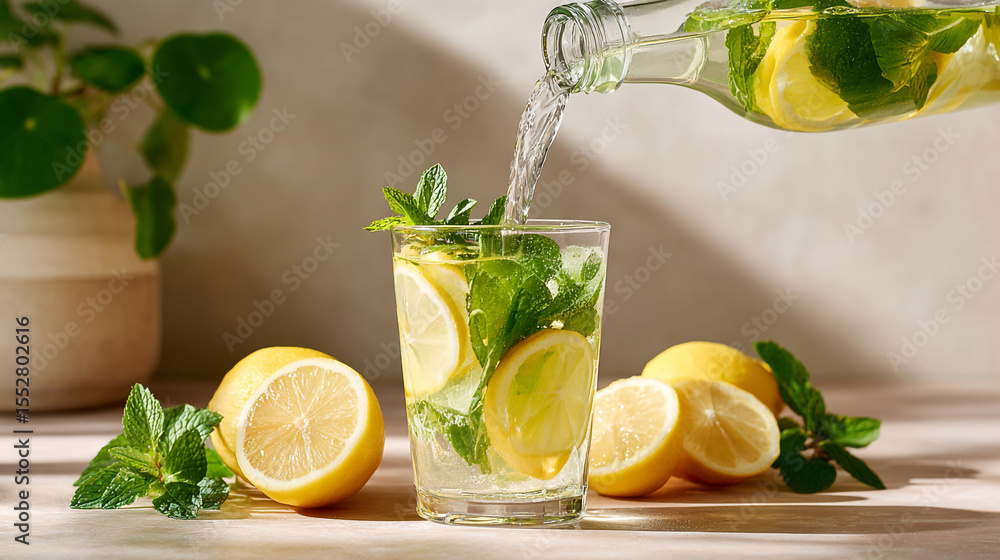 Fototapeta premium Refreshing Lemon and Mint Drink with Summer Vibes in Kitchen