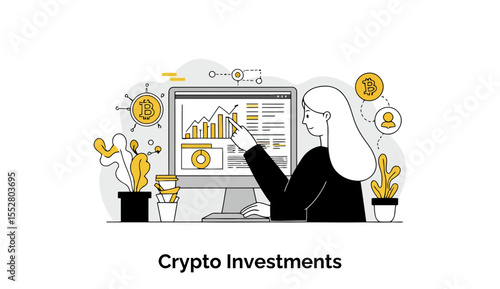 A focused female investor is analyzing fluctuating cryptocurrency investment data and market trends on a complex chart displayed on her computer in a modern office.