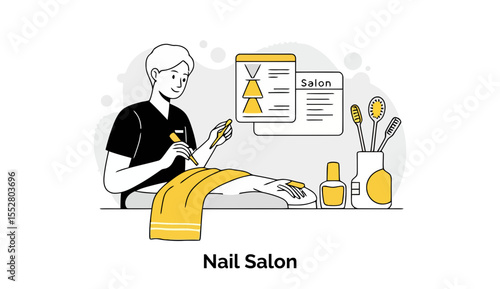Manicure service in a nail salon with a male manicurist providing service to a client. Professional manicurist in a salon setting with supplies and menu displayed.