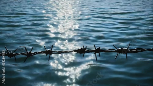 A close-up view of a barbed wire fence spanning across a calm body of water, potentially serving as a barrier or boundary