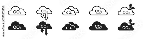 Carbon dioxide cloud icon set. Cloud co2 symbol with down arrow icon set. Air pollution concept icons.