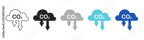 Cloud co2 symbol with down arrow icon set. Carbon reduction cloud sign. Vector illustration