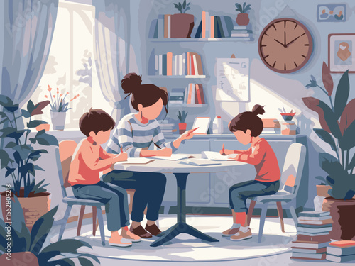 Family Studying at Table