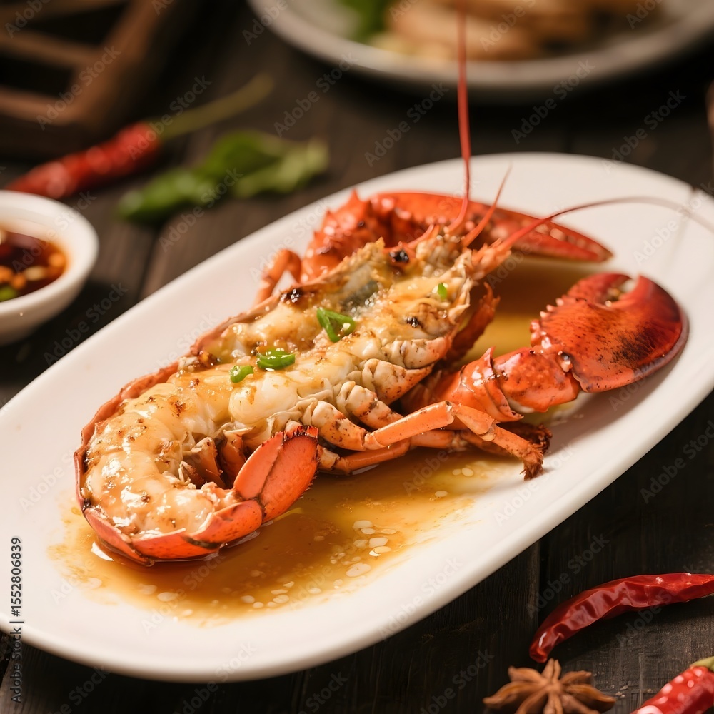 4k high quality Ai generative HD photo realistic store business menu sell selling restaurant food western fish cuisine seafood smoked grilled lobster butter herb garlic lemon lime pan fried plate 4k high quality Ai generative HD photo realistic store business menu sell selling restaurant food western fish cuisine seafood smoked grilled lobster butter herb garlic lemon lime pan fried plate