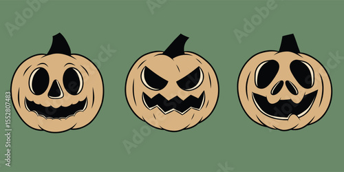 Spooky Halloween Jack o lantern pumpkin vector illustration set - vintage color and style