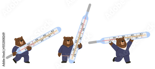 orderly carries thermometer. bear and thermometer. set with thermometer. Flat vector illustration, eps10