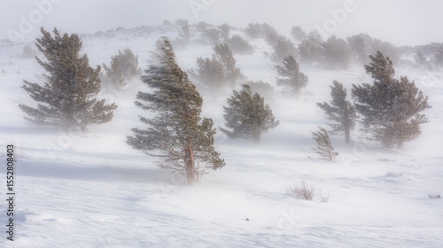 Snowy landscape with strong winds, evergreen trees bent by gusts, swirling snow creating misty veil, vast open area, cold winter scene.