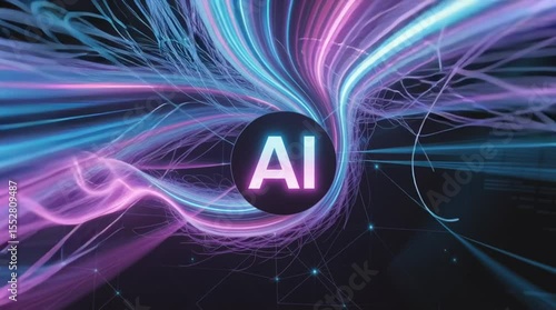 Futuristic video of ai neon logo with flowing lines of energy. High tech concept background.