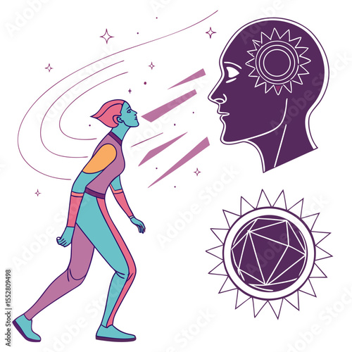 a running person, athlete, cosmic celestial sun motifs, psychedelic abstract shapes, line art, vector illustration, colorful, digital art
