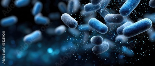 bacteria + microbe + cell concept. Microscopic view of bacteria in a vibrant blue environment.